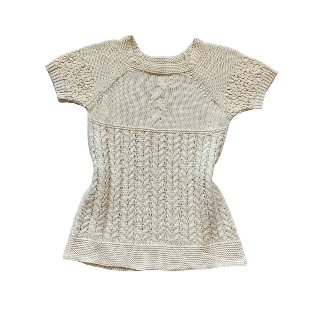 VTG Knit cream pearl detail shortsleeve babydoll sweater fisherman L‎